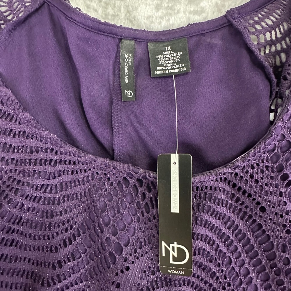 New Directions Tunic Top Women Plus 1X Purple Metallic Crochet Fringe Whimsigoth - Picture 4 of 9